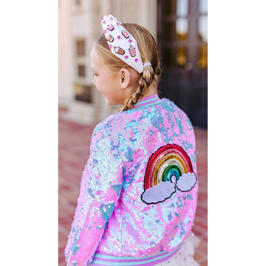 Girls Purple Iridescent Patched Sequins Bomber Jacket