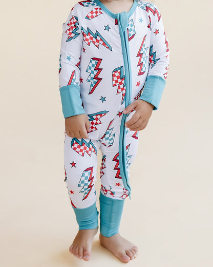 Baby Checkered Bolts Bamboo Zip Pajama Romper