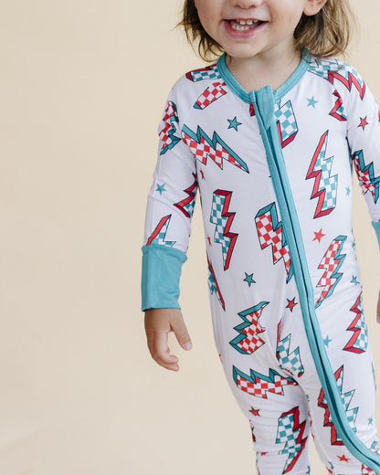 Baby Checkered Bolts Bamboo Zip Pajama Romper