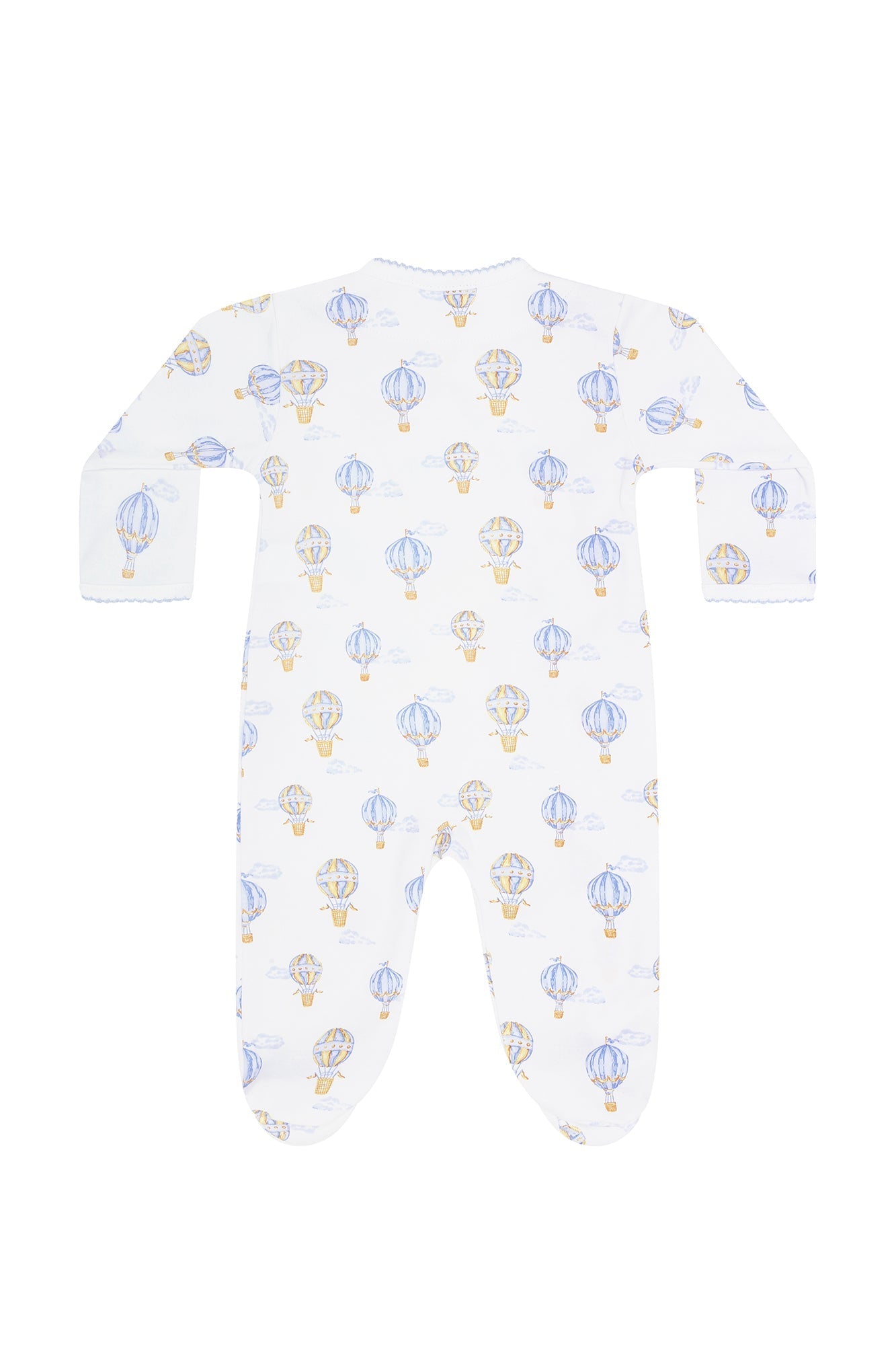 Blue Balloons Print Crossover Pima Cotton Baby Footie with Blue Picot Trim