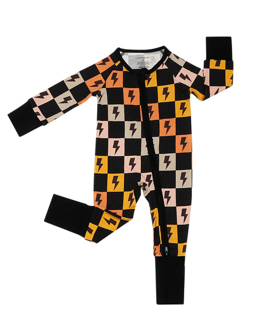 Baby Bamboo Zip Romper with Colorful Checks & Bolts Pattern - full view 