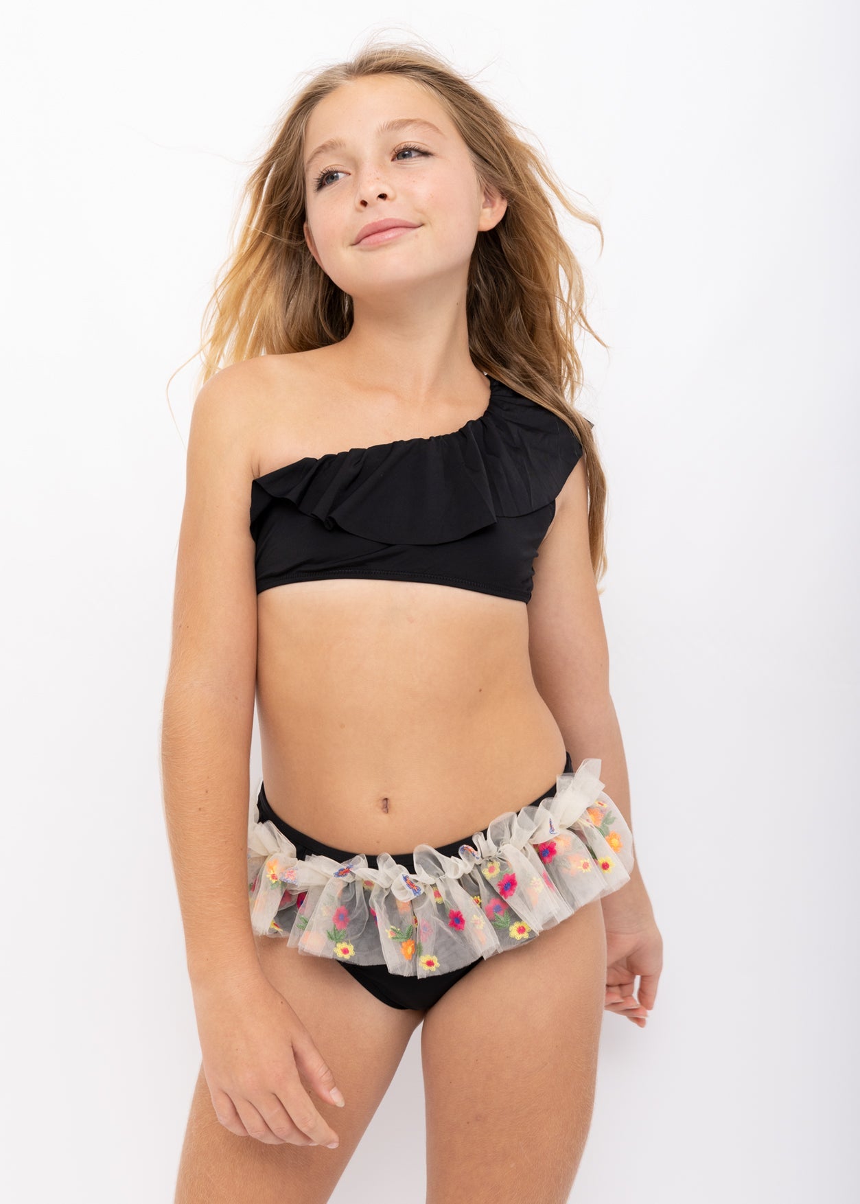 Girls Floral Tulle One Shoulder Bikini Set