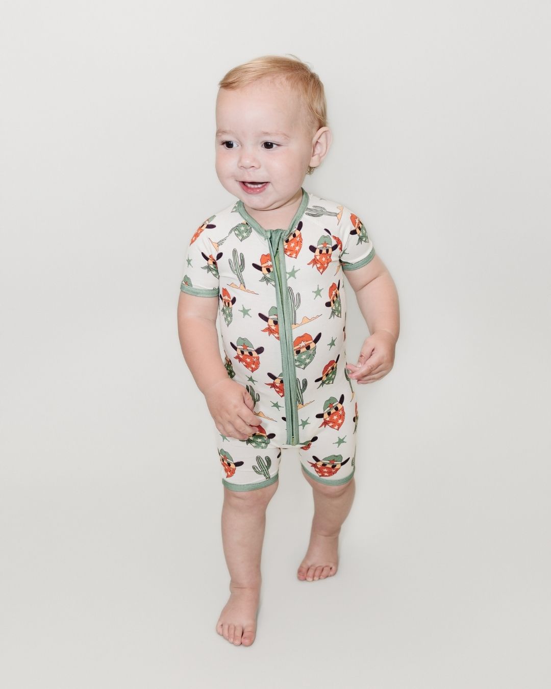 Baby Boy Smiley Cowboy Bamboo Shorty Romper