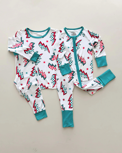 Baby Checkered Bolts Bamboo Zip Pajama Romper