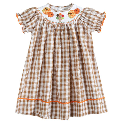 Girls Light Brown Gingham Pumpkin Turkey Smocked Bishop Dress with Orange Trim

