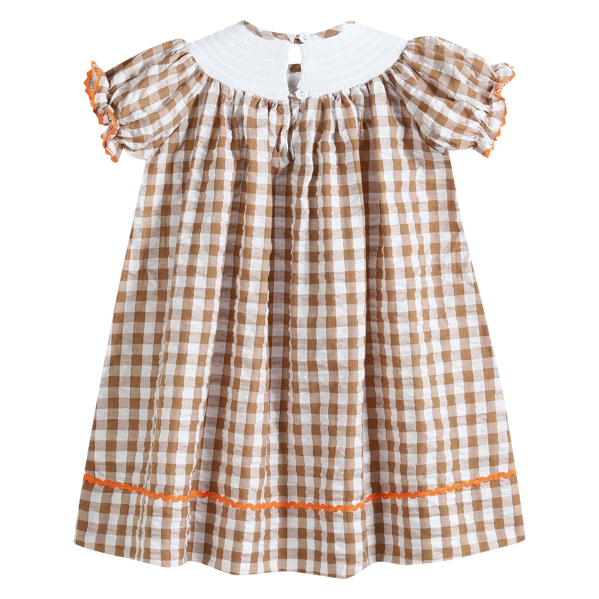 Girls Light Brown Gingham Pumpkin Turkey Smocked Bishop Dress with Orange Trim