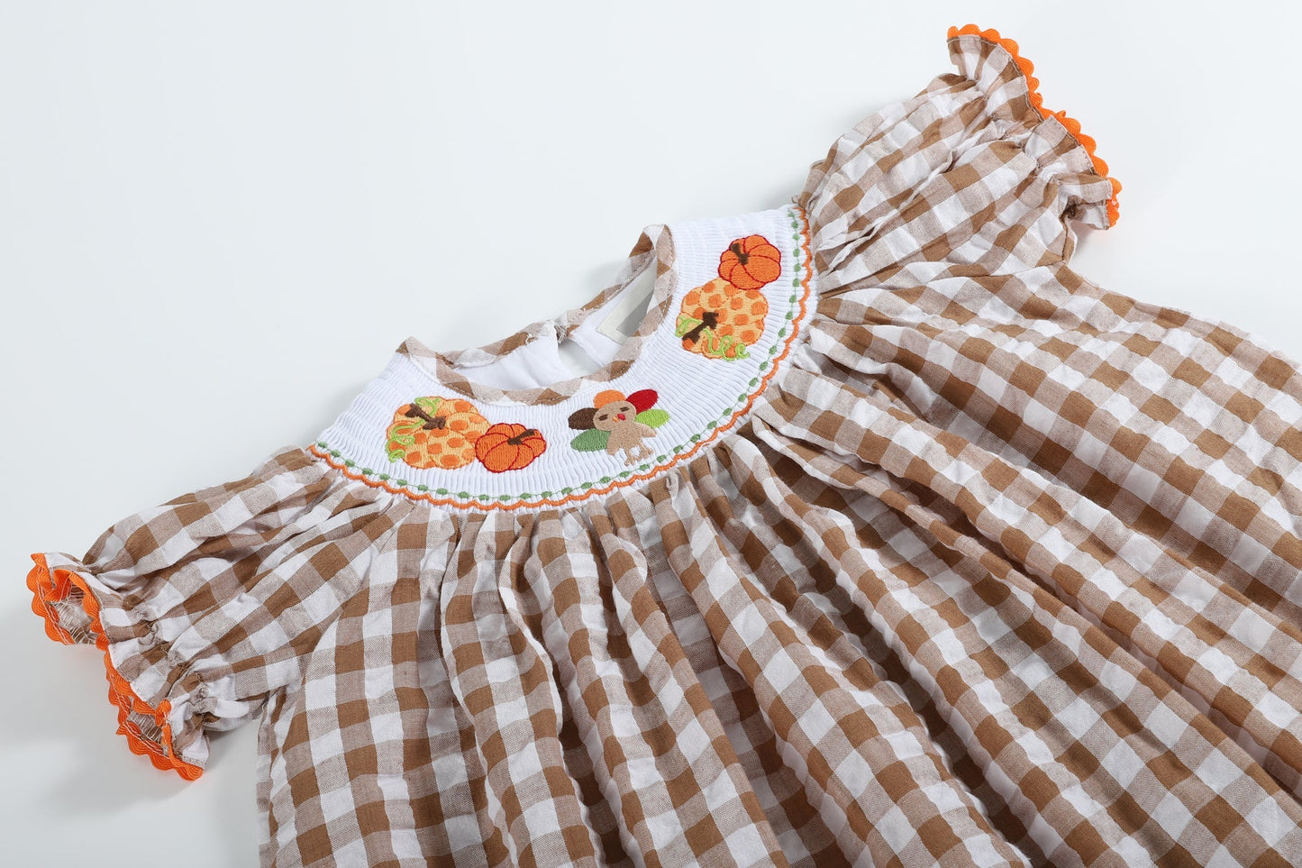 Girls Light Brown Gingham Pumpkin Turkey Smocked Bishop Dress with Orange Trim