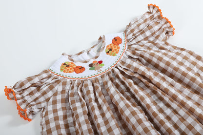 Girls Light Brown Gingham Pumpkin Turkey Smocked Bishop Dress with Orange Trim