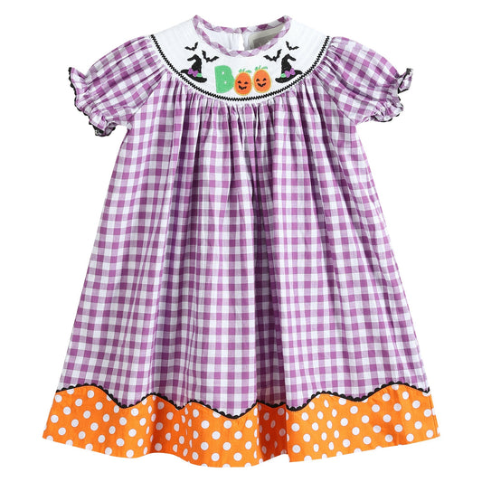 Girls Purple Gingham Halloween Boo Smocked Bishop Dress- Front side full view