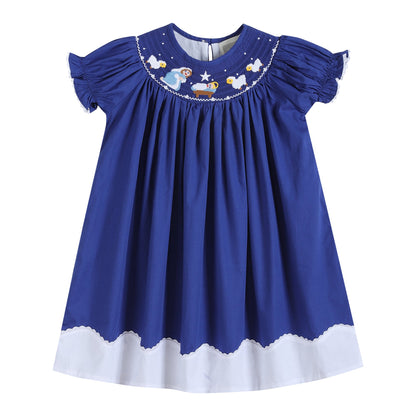 Royal Blue Christmas Nativity Smocked Bishop Dress for Toddlers