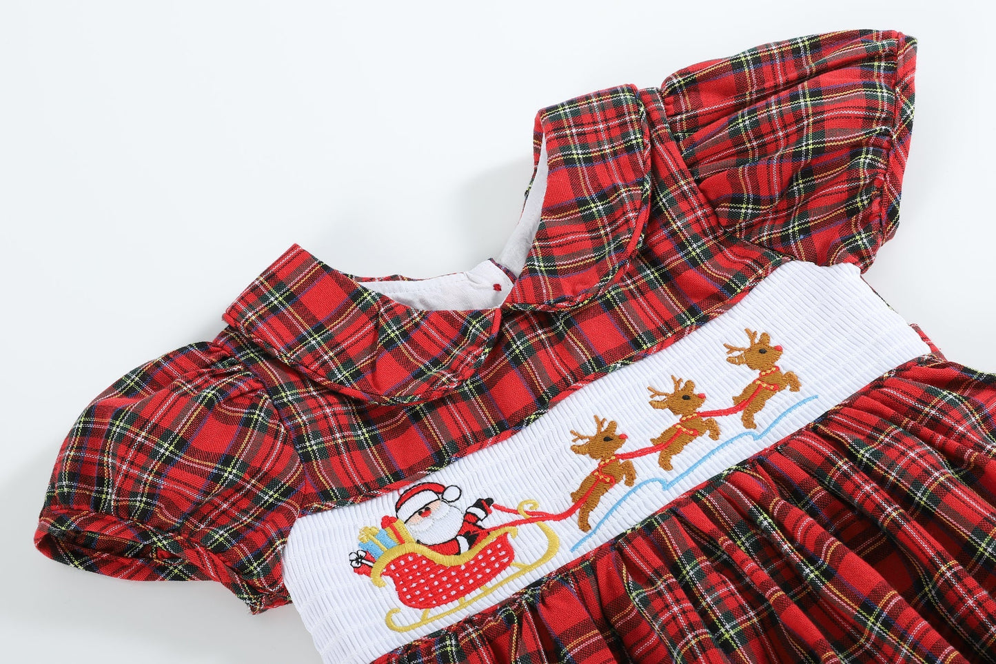 Girls Red Christmas Plaid Santa Sleigh Smocked Dress