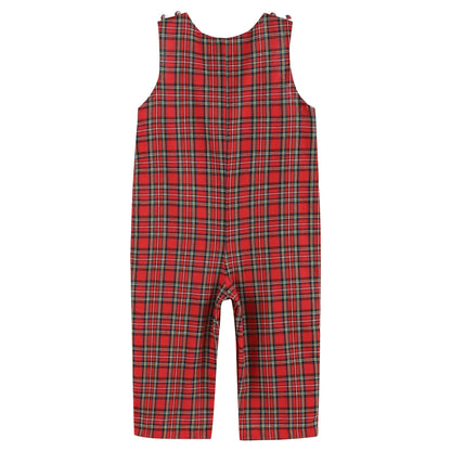 Boys Red Christmas Plaid Santa Sleigh Smocked Overalls