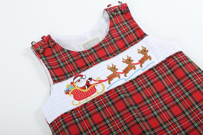 Boys Red Christmas Plaid Santa Sleigh Smocked Overalls