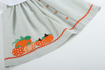 Green Seersucker Pumpkin Girls Yoke Dress