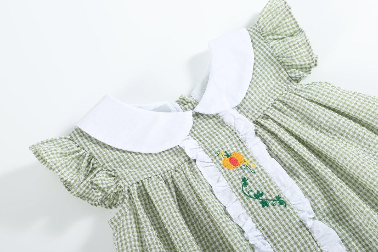 Girls. Green Gingham Pumpkin Peter Pan Collar Dress