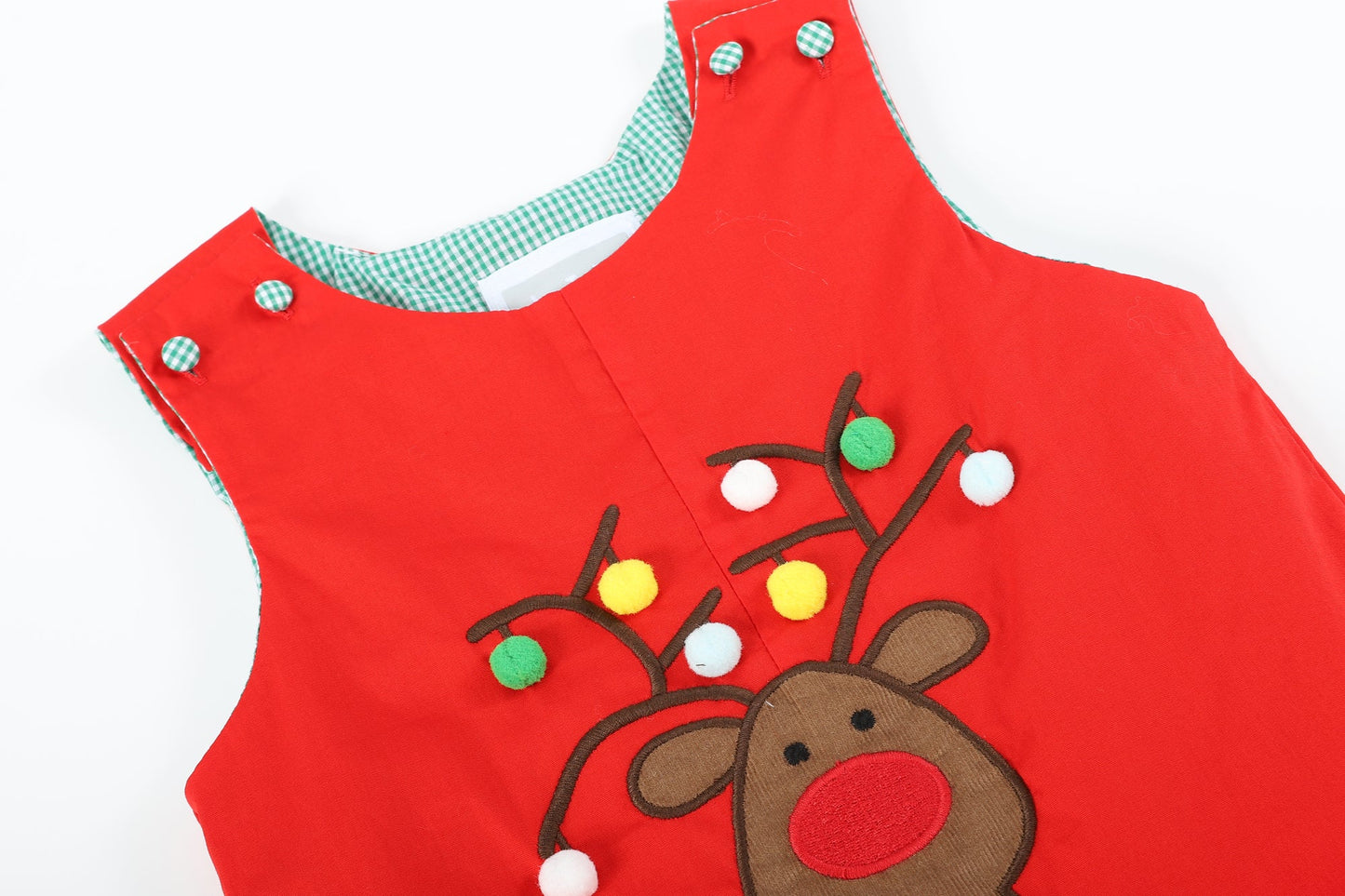 Christmas Plaid Reindeer Pompom Boys Overalls