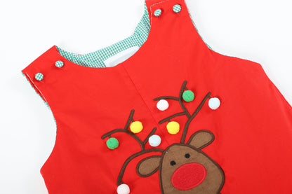 Christmas Plaid Reindeer Pompom Boys Overalls