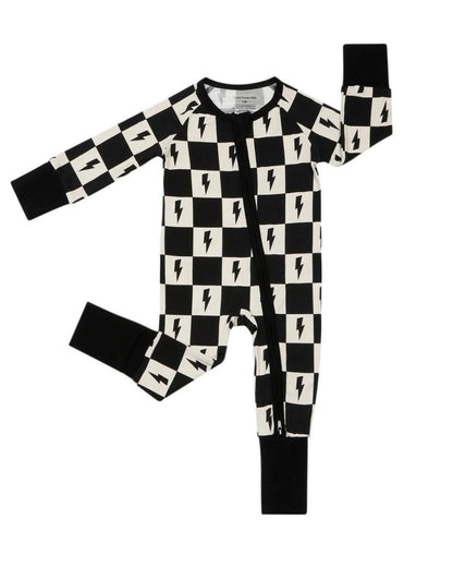 Baby Bamboo Zip Romper with Cream and Black Checkered Pattern and Bolts