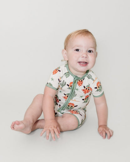 Baby Boy Smiley Cowboy Bamboo Shorty Romper