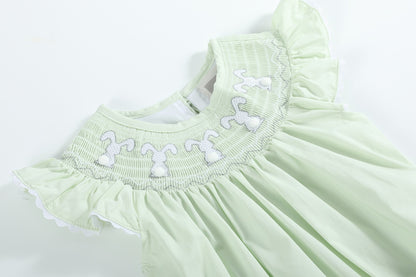 Baby Girl Honeydew Green Bunny Smocked Flutter Romper