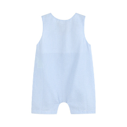 Blue Seersucker Bunny Face Shortalls