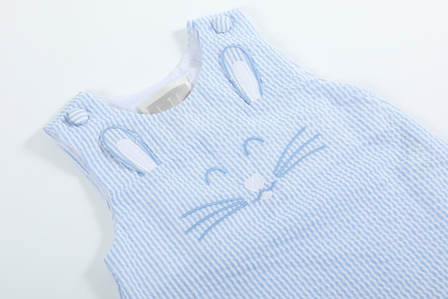 Blue Seersucker Bunny Face Shortalls