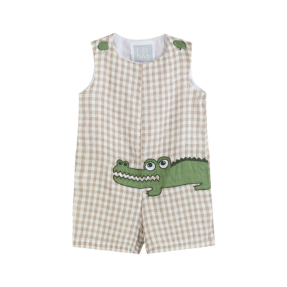 Boys Brown Gingham Alligator Shortalls