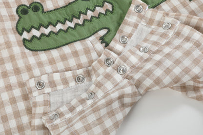 Boys Brown Gingham Alligator Shortalls