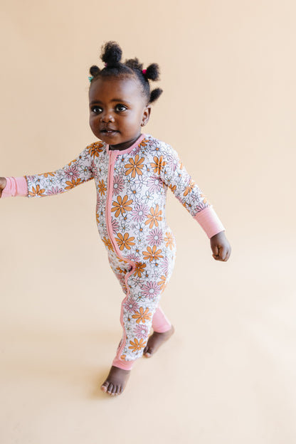 Baby Girl Bamboo Pajama Zip Romper | Retro Garden