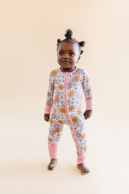 Baby Girl Bamboo Pajama Zip Romper | Retro Garden