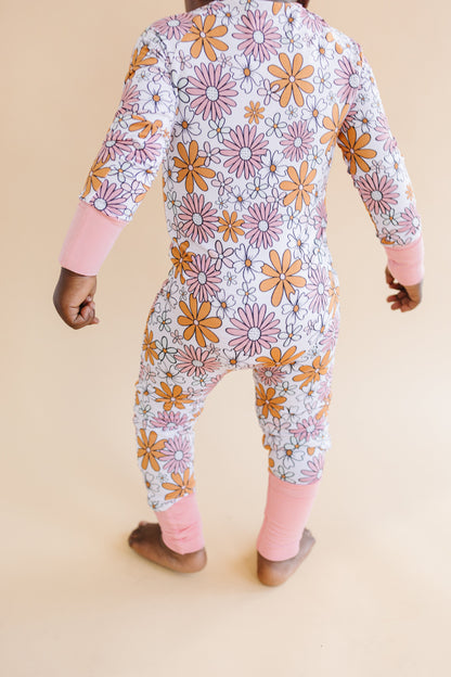 Baby Girl Bamboo Pajama Zip Romper | Retro Garden