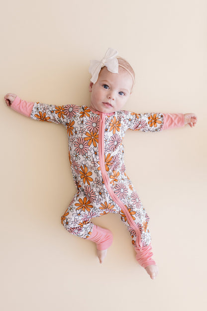 Baby Girl Bamboo Pajama Zip Romper | Retro Garden