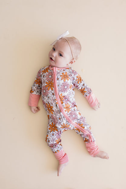 Baby Girl Bamboo Pajama Zip Romper | Retro Garden