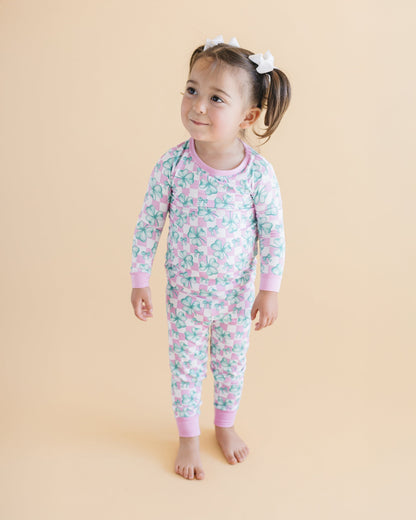 Girls Shamrock & Bows Bamboo Two Piece Pajama Set