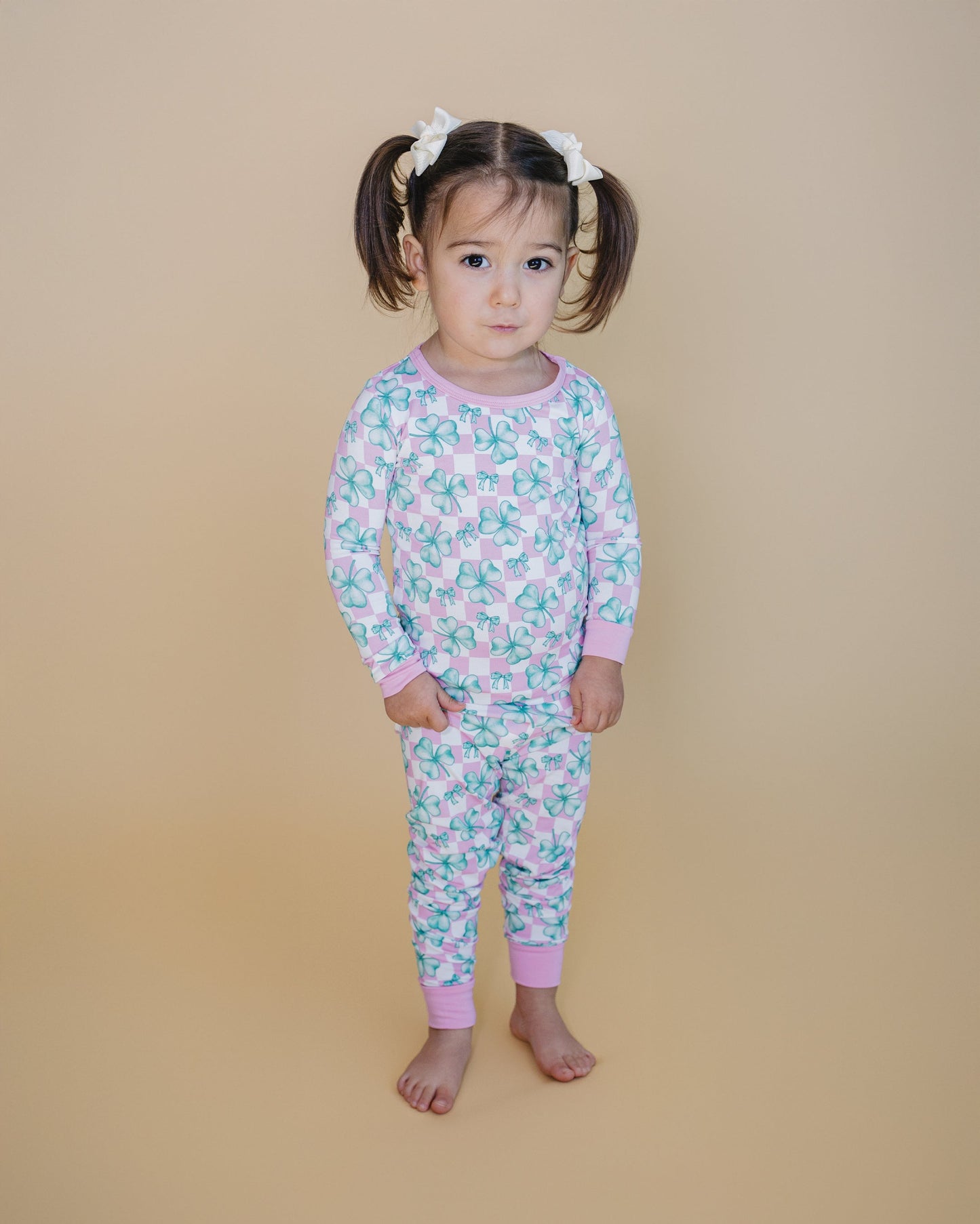 Girls Shamrock & Bows Bamboo Two Piece Pajama Set