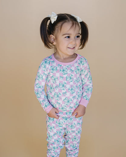 Girls Shamrock & Bows Bamboo Two Piece Pajama Set