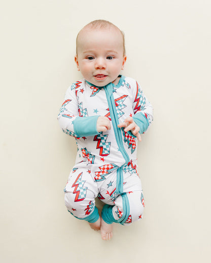 Baby Checkered Bolts Bamboo Zip Pajama Romper