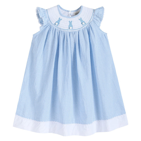 Blue Gingham Easter Bunny Smocked Bishop Dress