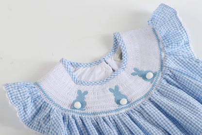 Blue Gingham Easter Bunny Smocked Bishop Dress