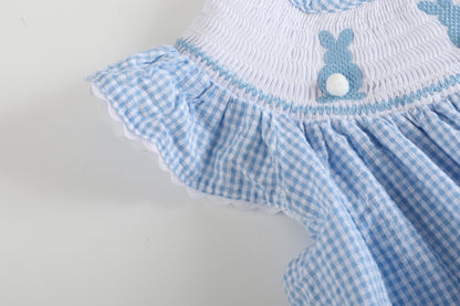 Blue Gingham Easter Bunny Smocked Bishop Dress