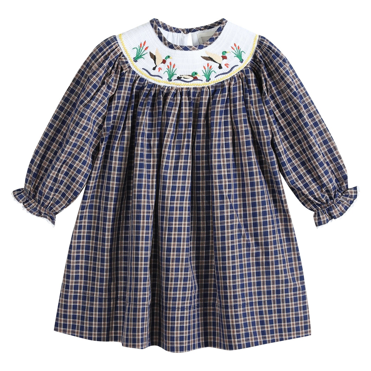 Girls Blue Flannel Plaid Mallard Smocked Bishop Dress