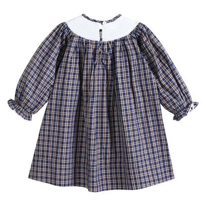 Girls Blue Flannel Plaid Mallard Smocked Bishop Dress