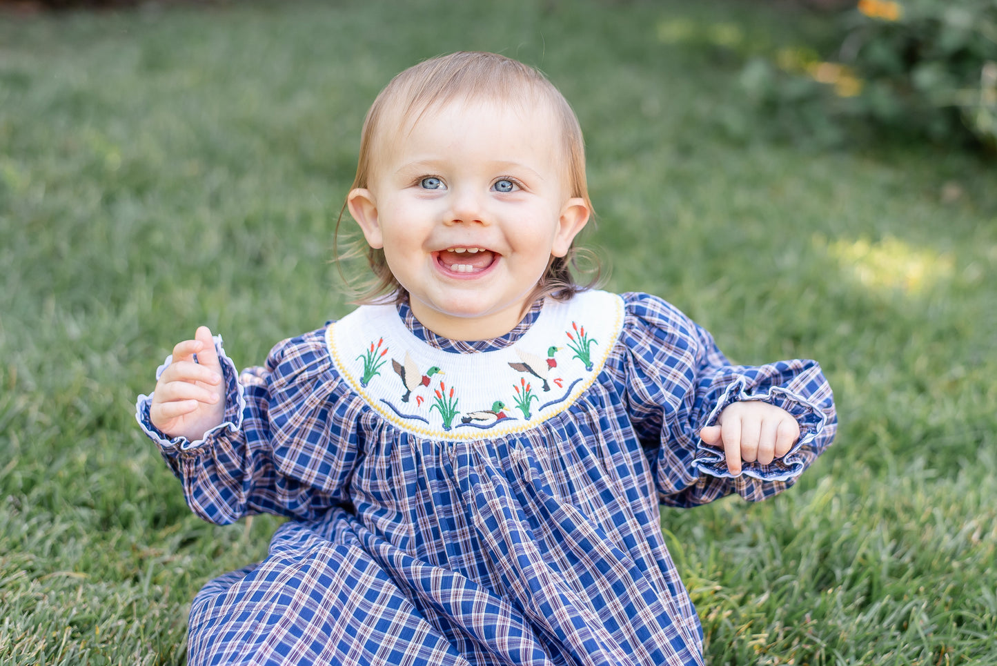 Girls Blue Flannel Plaid Mallard Smocked Bishop Dress