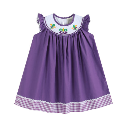 Purple and Gingham Mardi Gras Smocked Bishop Dress