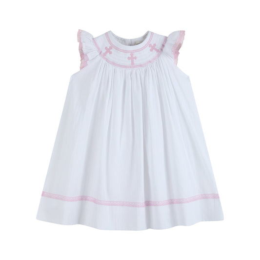 White and Pink Cross Smocked Bishop Dress