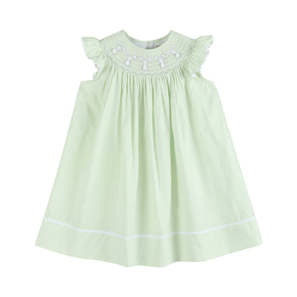 Girls’ Honeydew Green Bunny Smocked Bishop Dress