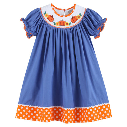 Girls Blue Pumpkin Sunflower Smocked Bishop Dress