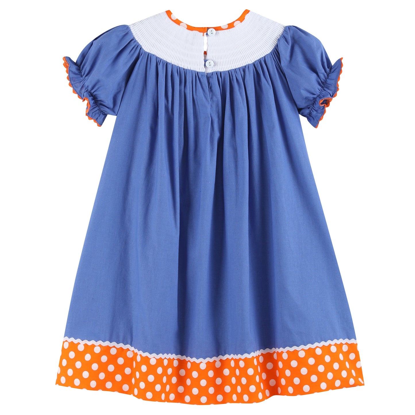 Girls Blue Pumpkin Sunflower Smocked Bishop Dress