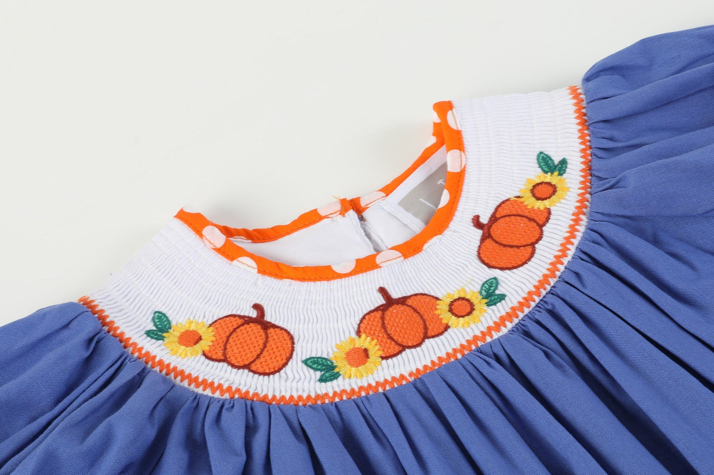 Girls Blue Pumpkin Sunflower Smocked Bishop Dress