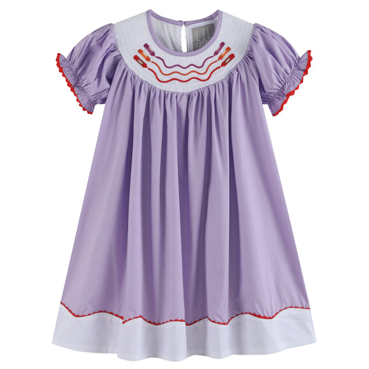 Girls Purple Gingham Crayon Back to School Smocked Bishop Dress